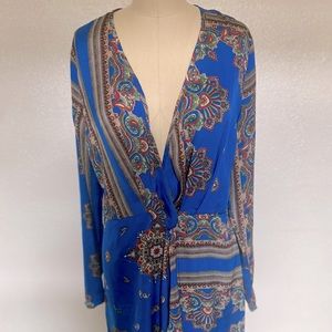 PrettyLittle Thing Royal blue Printed Satin Long Sleeve Wrap Dress
